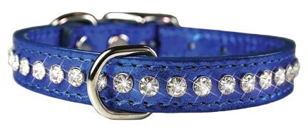 Image of Signature Leather Crystal Dog Collar, Metallic Blue Solid Grain Leather, Fits 9.5 inch-11.5 inch Neck Size, 14 inch Overall Length