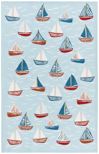 Image of Now Designs Windward Collection Cotton Dishtowel, Nautical Red /White /Blue, 18x28in, Sea Breeze & Sailboat Print