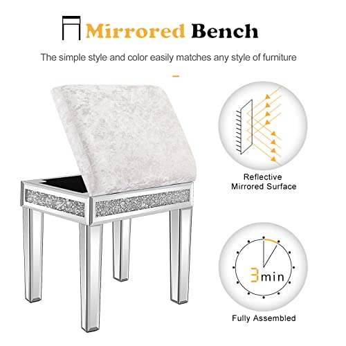 Image of VINGLI Mirrored Vanity Stool with Storage, Upholstered Velvet Ottoman, Makeup Dressing Table Bench with Sparking Diamonds, Silver
