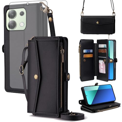 Coque Xiaomi Redmi Note 13 4G Asuwish Portefeuille en Cuir Noir avec Verre Trempé et Cordon