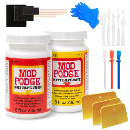 Image of Mod Podge Bundle, 8 Ounce Gloss and Matte Medium Waterproof Sealer, Pixiss Accessory Kit with Foam Brushes, Gloves, Glue Spreaders and More 8oz