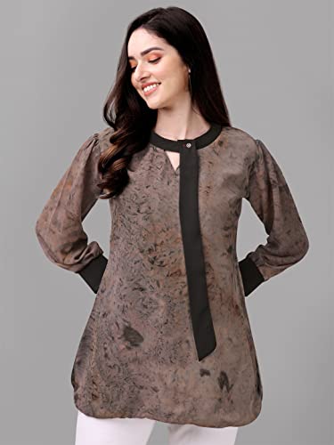 Image of Gufrina Women's Georgette Apple Cut Short Kurti with Long Puff Sleeves Western Style Keyhole Neck Solid Pattern Regular Fit and Mid Thigh Length