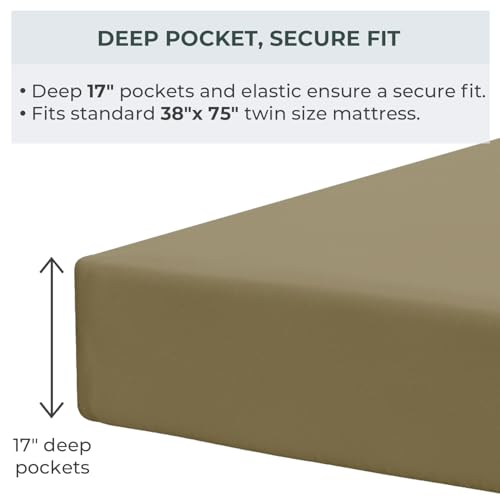 Image of Pobibaby Twin Sheet Set Kids, 3-Piece, Cotton Blend (Khaki Brown) | Kids Bed Sheet Set, 3-Piece, Fitted Sheet, Flat Sheet, Pillowcase, Cotton Blend, Deep Pockets, Soft, Machine Wash, Seasons