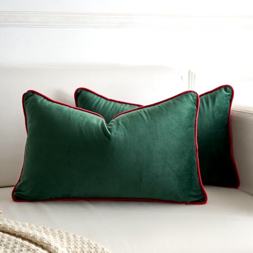 LIGICKY Set of 2 Christmas Dark Green Velvet Lumbar Pillow Covers...