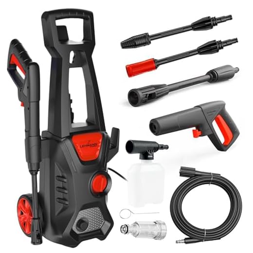 LEHMANN Jukon Nettoyeur Haute Pression, 1600 W, Max. 200 Bar, Débit 480 l/h, Tuyau Haute Pression de 5 m, Pistolet, Lances et Une Lance à Mousse, Idéal pour Maison, Jardin et Voiture