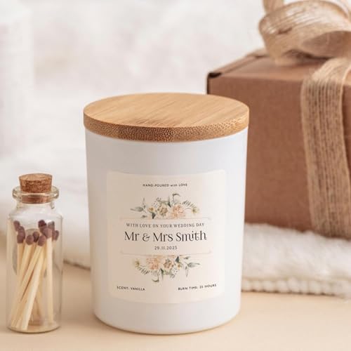 Pomchick - Wedding Day Scented Candle Gift with Floral Design Personalised Keepsake for Couple or Newlyweds Romantic Present for Bride and Groom Vegan