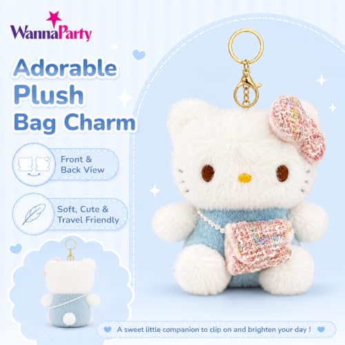 Image of Wanna Party Cute Kawaii Blue Cat Plush Keychain, Soft Pink & Blue Bag Charm with Bow