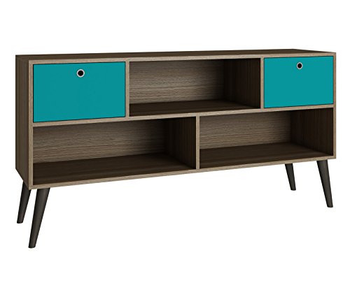 BRV Móveis MDP 15mm/Wood Feet/Plastic Handle/Melamine Finishing TV Stand Two Drawers, BPP 31-134, Oak with Aquamarine, H69.5 x W135 x D35 cm