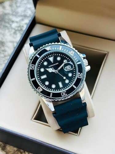 Image of AMERICANVIBER Analog Watch for Men with Black Dial, Round Case, Black Rubber Strap, Rotating Bezel, Date Display and Quartz Movement, Black Silver