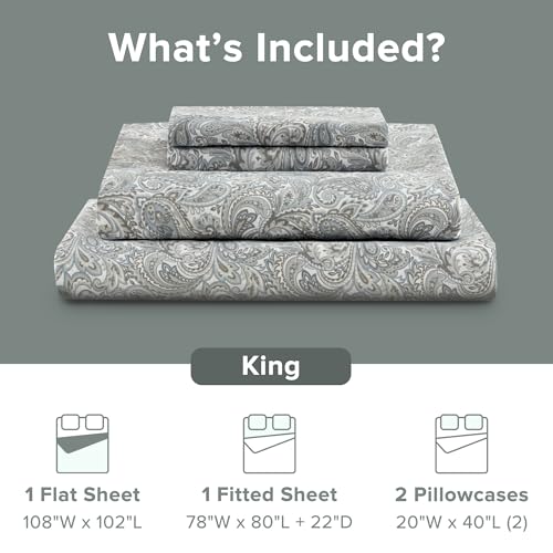 Comfort Spaces Extra Deep Pocket, 100% Cotton King Fits up to 24" Mattress, Breathable, Naturally Cool Cotton, Soft Cotton Sheets, All Seasons Sheet Set, Paisley 4 Piece