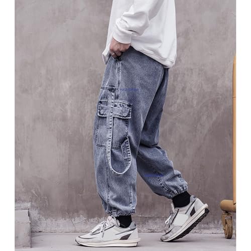 Men's High Street Multi Pocket Cargo Denim Casual Pants Drawstring Pants with Streamers Mens Baggy Blue Trousers4