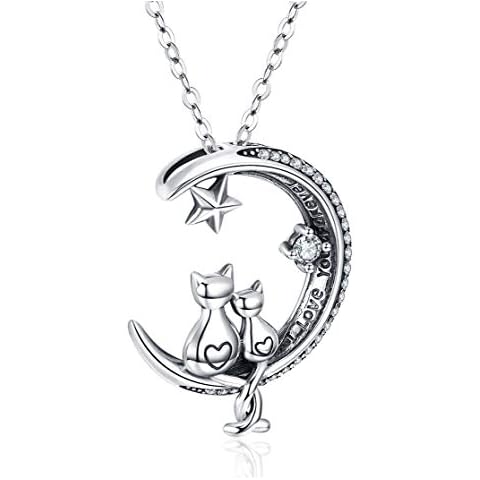 Odinstone Cat Necklace, S925 Sterling Silver Cat on Moon Pendant, Cubic Zirconia, Women Jewellery, Gifts for Mum with Gift Package- I Love you forever Cover