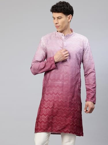 Image of Luxrio Men's Ombre Shaded Sequence Self Embroidered Textured Long Kurta Full Sleeves - Casual Ethnic Wear