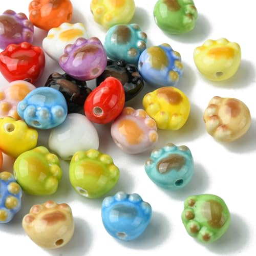 Ipotkitt 28 Pcs 14 Colours Handmade Porcelain Cat Paw Print Beads Cute Kitten Claw Spacer Beads Ceramic Footprint Step Loose Beads for DIY Jewellery Making - Image 3