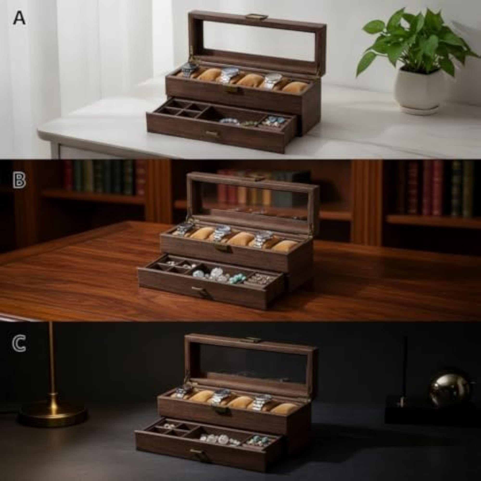 6-Slot Wooden Watch Display Case with Glass Lid
