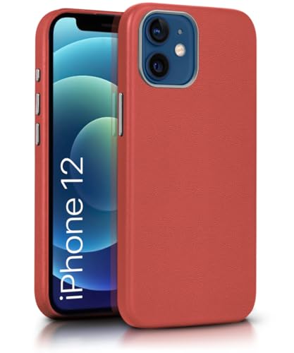 Image of WOW IMAGINE Back Cover for iPhone 12 | Shockproof Tough Leather Texture Hard Mobile Case | Ultra Slim Non-Slip Grip | Inner Velvet Fabric | Metal Camera Ring - Crimson Red