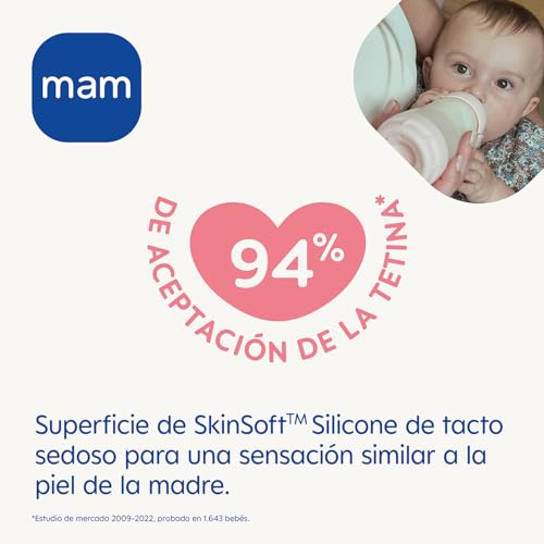 MAM Embalagem de 2 biberões anticólicos, a partir de 4 meses, 320 ml, com Tetina 3 fluxo rápido de fácil aceitação, auto-esterilizável e fácil de limpar, MAM Easy Start Anti-Colic, rosa mate,