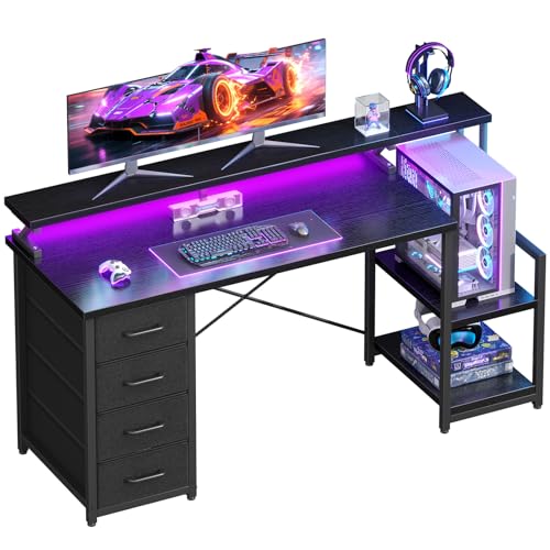Image of ODK 55 Inch Computer Gaming Desk with LED Lights & 4 Drawers, Home Office Desk with Monitor Stand & Storage Shelves, Black