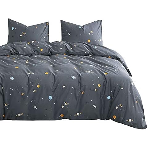 Wake In Cloud - Spaces Comforter Set, 100% Cotton Fabric with Soft Microfiber Fill Bedding, Gray Grey with Stars Rockets Pattern Printed (3pcs, Twin Size) Cover