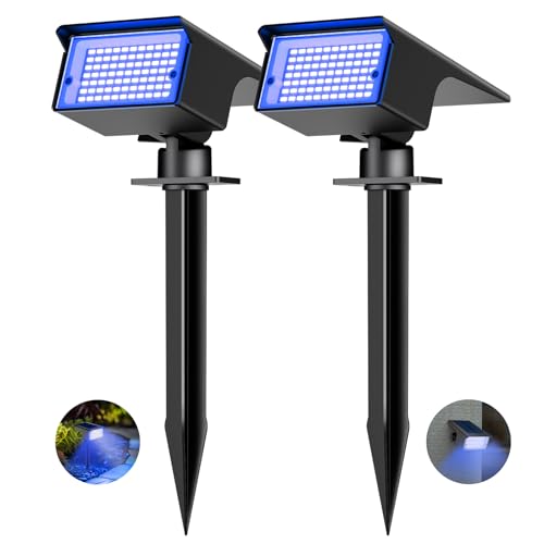 kolpop [2 unidades/ 77 LED Foco solar para jardín exterior, foco solar azul, IP65 resistente al agua, 3 modos, 800LM Luces solares, lámparas solares Dusk to Dawn para árboles del patio, caminos