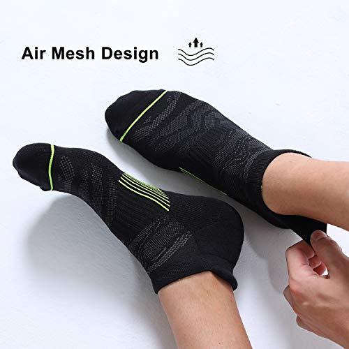 Fitrell 6 Pack Men's Ankle Running Socks Low Cut Cushioned Athletic Sports Socks, Shoe Size 7-9, Black+Green #TOP3