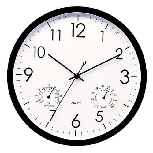 掛け時計 壁掛け 温湿度計 静音設計 電池式 wall clock 壁時計 置き時計 おしゃれ壁掛け時計 秒針の音がしない掛け時計 ウォールクロック home セイコー 連続秒針 静か シンプル 寝室 living room(?ブラック30cm)