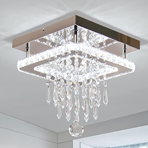Finktonglan Crystal Chandeliers Ceiling Light Square LED Crystal Ceiling Lights Modern Flush Mount Chandelier for Bedroom Kitchen Dining Room Hallway Living Room (Cool White)