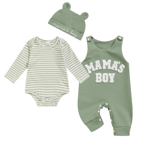 Image of Viworld Newborn Baby Boy Clothes Mama's Boy Overalls Striped Long Sleeve Romper Hat 3Pcs Fall Winter Outfits