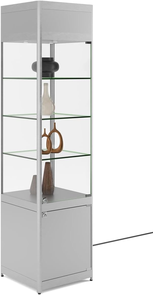 Displays2go, Retail Showcase Tower with Lighting, Laminated MDF, Aluminum, Tempered Glass, Silver (SCTWRLEDS)