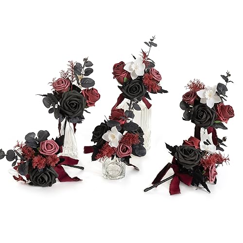 Ling's moment Burgundy Black Wedding Flowers Mini Bridesmaid Bouquets Set