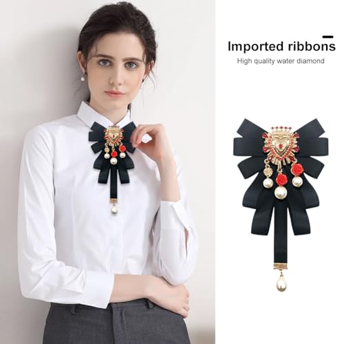 Image of Retro Court style Crystal Ribbon Bow Tie Brooch Pins for Women Girls Victorian Cameo Bow Brooch Pre-Tied Bowknot Corsage Collar accessory