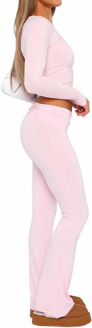 Hafailia Womens Casual Soft Flare Leggings Slim Fit Fold Over Waist Lounge Yoga Pants