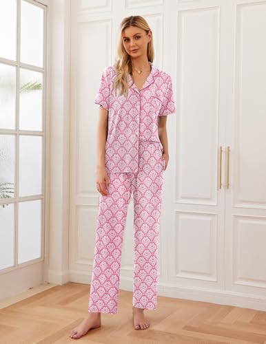 Image of Ekouaer 2 Pack:Womens Pajamas Short Sleeve Pjs Notch Collar Button Up Loungewear Cozy Sleepwear Sets
