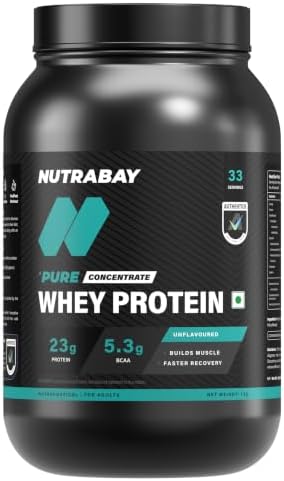 Nutrabay Pure Raw Whey Protein Concentrate 23.4g Protein per Serving – Muscle Growth & Recovery – 1kg, Unflavoured | Authentic & Clean Protein | Trustified Certified