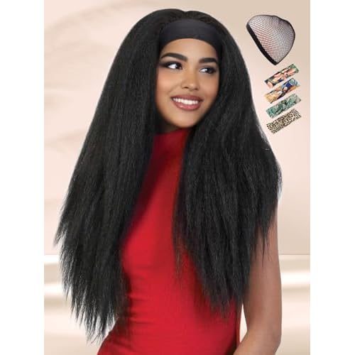 WIGNEE Kinky Straight Headband Wig Kinky Wig with Ribbon Glueless Headband Wigs for Black Women Natural Synthetic Afro Wigs for Black Women Natural Bl