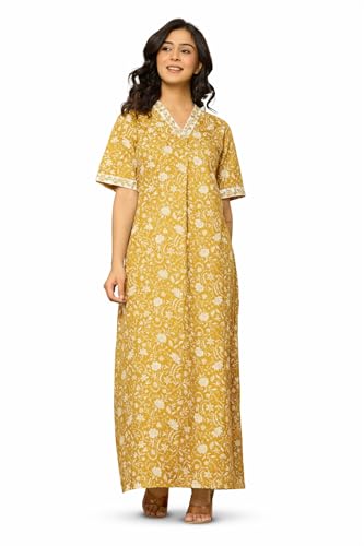 Image of NIHSAMAH Cotton Nighty for Women - Embroidered & Printed Stylish Night Gown, Comfortable Sleepwear Long Nightwear, Maxi