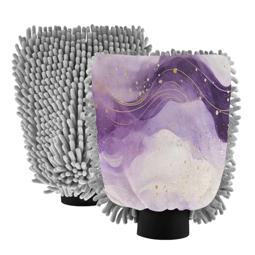 GakkiGii Violet Marble 2 Pack Microfiber Car Wash Mitts, Dual-Sided Chenille Gloves, Scratch-Free for Auto Detailing & Home Cleaning, M
