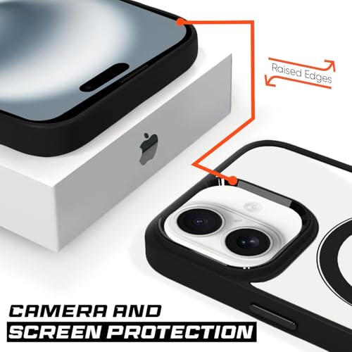 Image of amazon basics Mobile Cover | Compatible with MagSafe | Electroplated Metal Ring | Camera Protection | Raised Edges | PC TPU Hybrid Clear Case | Transparent Bumper Case for Apple iPhone 16 (Black)