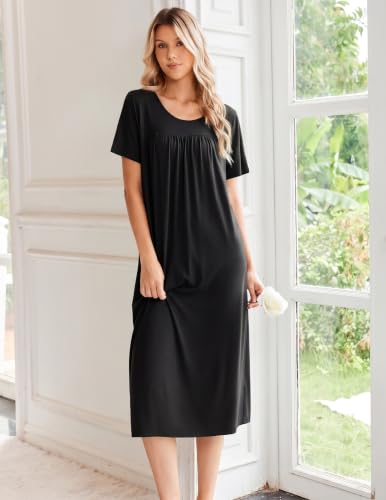 Ekouaer Long Nightgowns for Women Bamboo Viscose Short Sleeve Sleep Dress Gowns Black — view 3