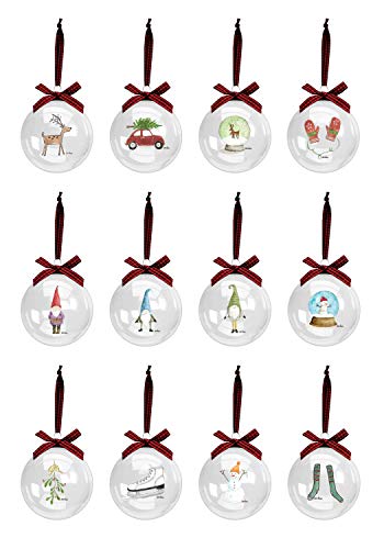 Rae Dunn Christmas Ornaments - Set of 12 Clear Glass Balls with Cute Holiday Designs - 60mm / 2.36 Inch Hanging Decorations for Xmas Tree