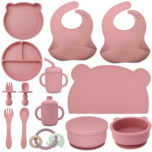 Image of Benoxine Silicone Baby Feeding Set, Led Weaning Supplies Include Suction Plate Bowl, Spoon Fork Bibs, Sippy Cup Teether, Comfy and Safe Essentials for 6M+