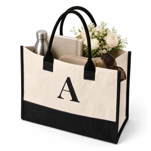 Image of Salt Earth Canvas Tote Bag for Women, Personalized Initial Monogram Tote, Beach Grocery Utility Tote for Travel & Work