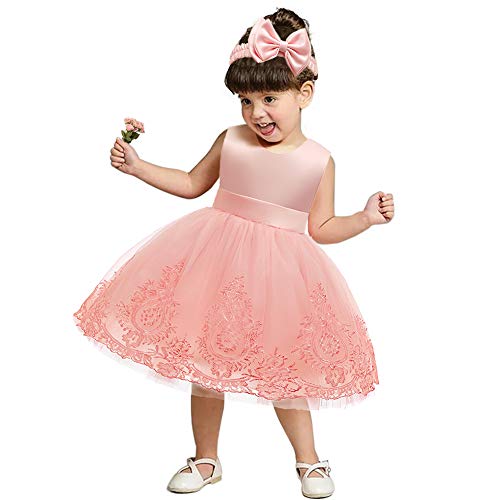 Image of CMMCHAAH 0-6T Baby Girls Pageant Lace Embroidery Dresses Toddler Party Bowknot Tutu Gown Dress with Headwear