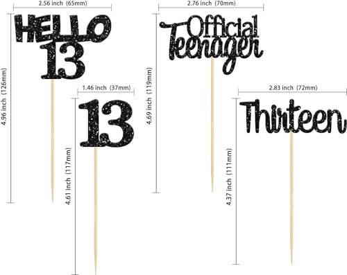 Confetti! 24Pcs 13th Birthday Cupcake Toppers Glitter Thirteen Official Teenager 13 Cupcake Picks Hello 13 Years Cake Decorations for Happy 13th Anniversary Party Supplies Black