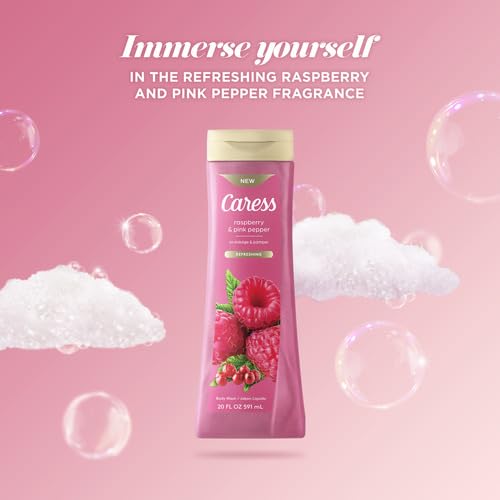 Image of Caress Body Wash Raspberry & Pink Pepper To Indulge And Pamper Refreshing Body Soap 20 fl oz, Pack of 4