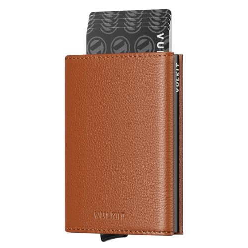 Image of VULKIT Pop up Card Wallet Minimalist Cash Wallets RFID Blocking Leather Smart Credit Card Holder with ID window for Men, Top-Grain Cowhide Litchi Brown, Compact, Minimalist