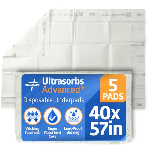 Medline Ultrasorbs Advanced+ Premium Underpads with Polymer for Superior Leak Protection High Weight Capacity of 400 lbs Large Size 40x57 Inches - Pack of 5