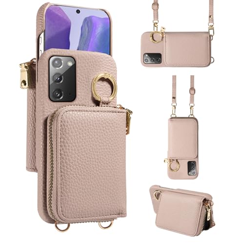 Furiet Wallet Case for Samsung Galaxy Note 20 5G with Shoulder Strap Ring Buckle, PU Leather Zipper Flip Organ Purse, Card Holder Stand Phone Cover for Note20 Notes 20s Twenty Not S20 Women Men Khaki