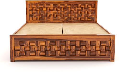 Image of Furniture Sheesham Wood King Size Bed with Storage Box | Wooden Box Bed King Size Double Cot Bed with Storage for Bedroom | Premium Niwar Design Headboard Bed for Living Room | Honey Finish