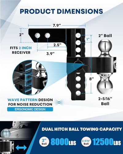 Image of Kohree Adjustable Trailer Hitch Fit 2 Inch Receiver, Dual Solid Ball 2 inch and 2-5 /16 inch(12,500 LBS GTW), 8 inch Drop & Rise Heavy Duty Aluminum Tow Hitch with 4 Silencer Pads & 2 Locking Hitch Pin, Black